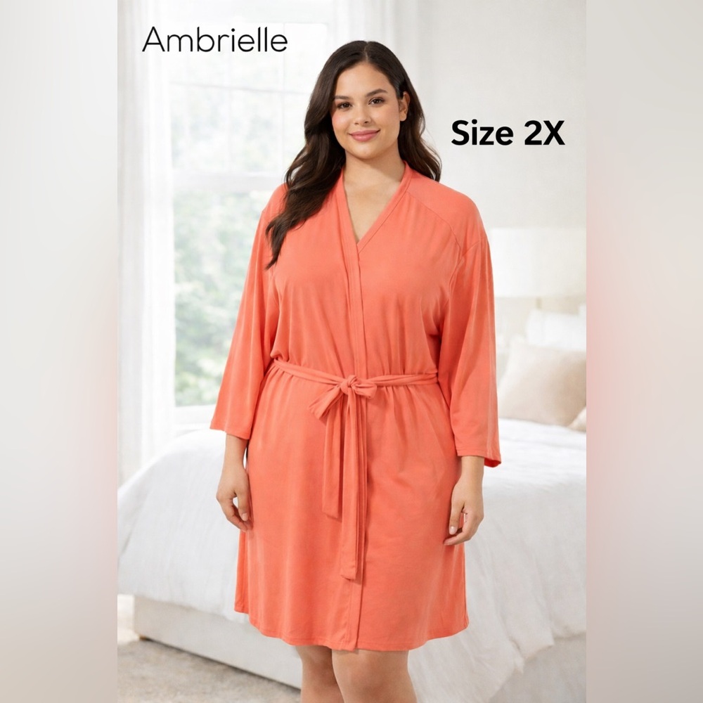 Ambrielle Coral Knit Robe 2X Plus Size Soft Stretch Belted Lounge Wrap